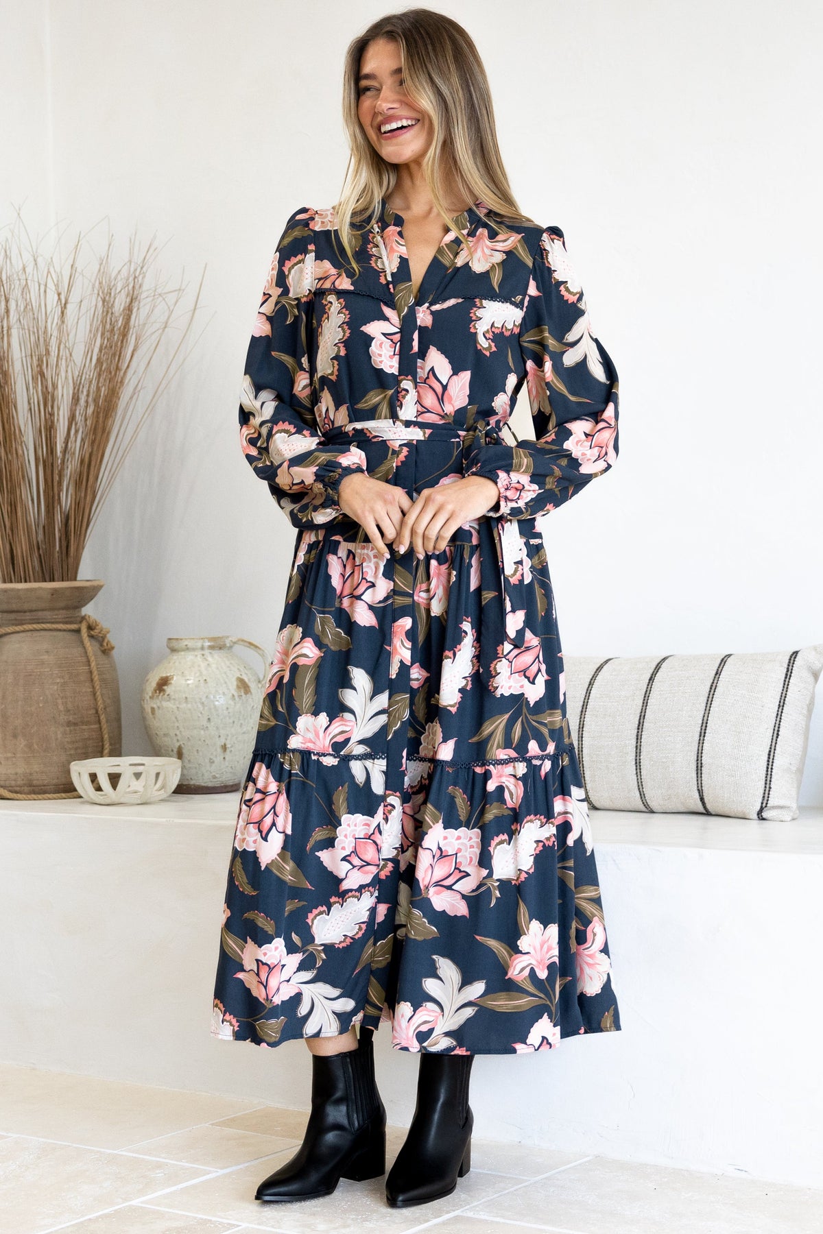 Bonham Maxi Dress - Mandarin Collar Front Button Placket Dress with Belt in Brighton Print