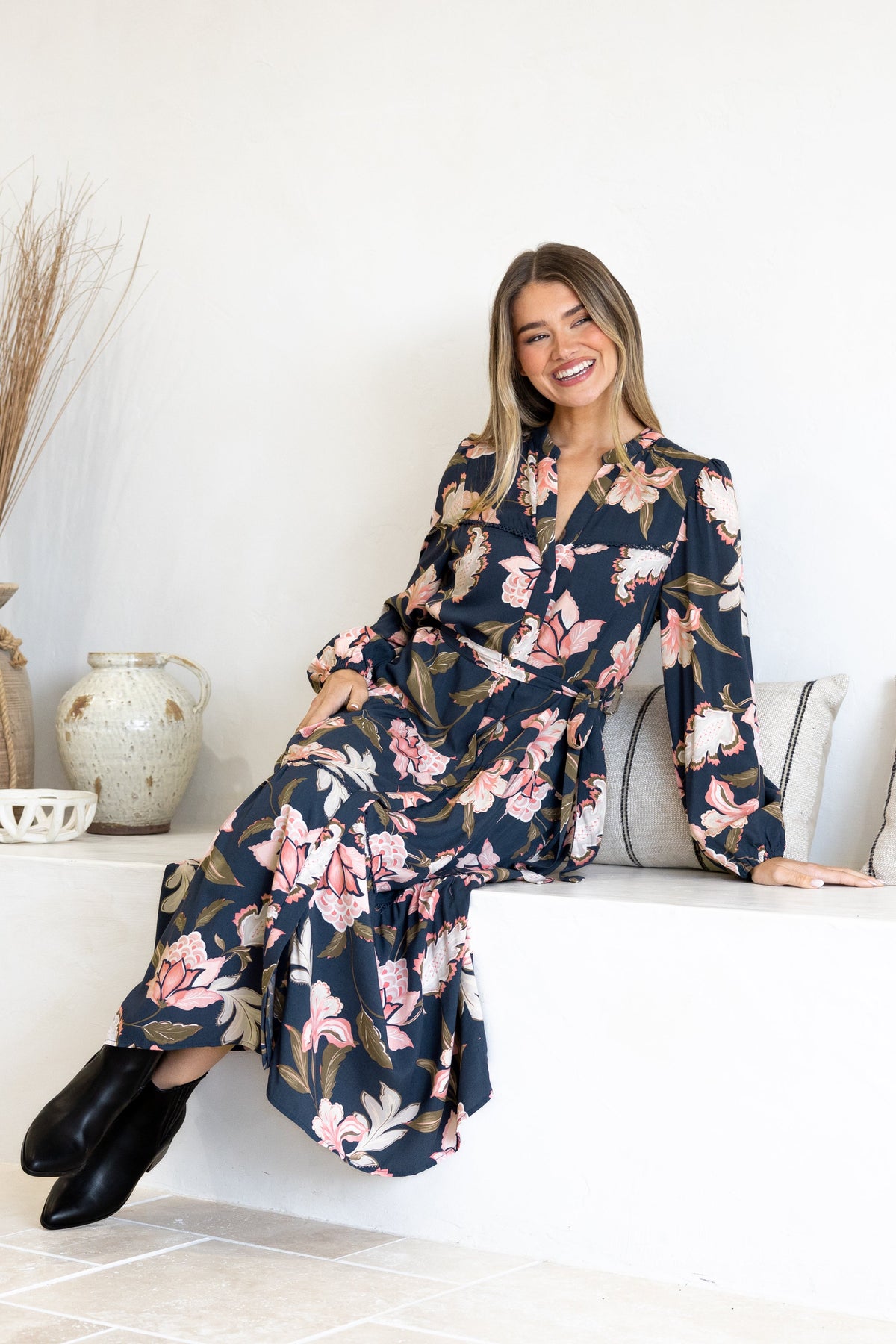 Bonham Maxi Dress - Mandarin Collar Front Button Placket Dress with Belt in Brighton Print