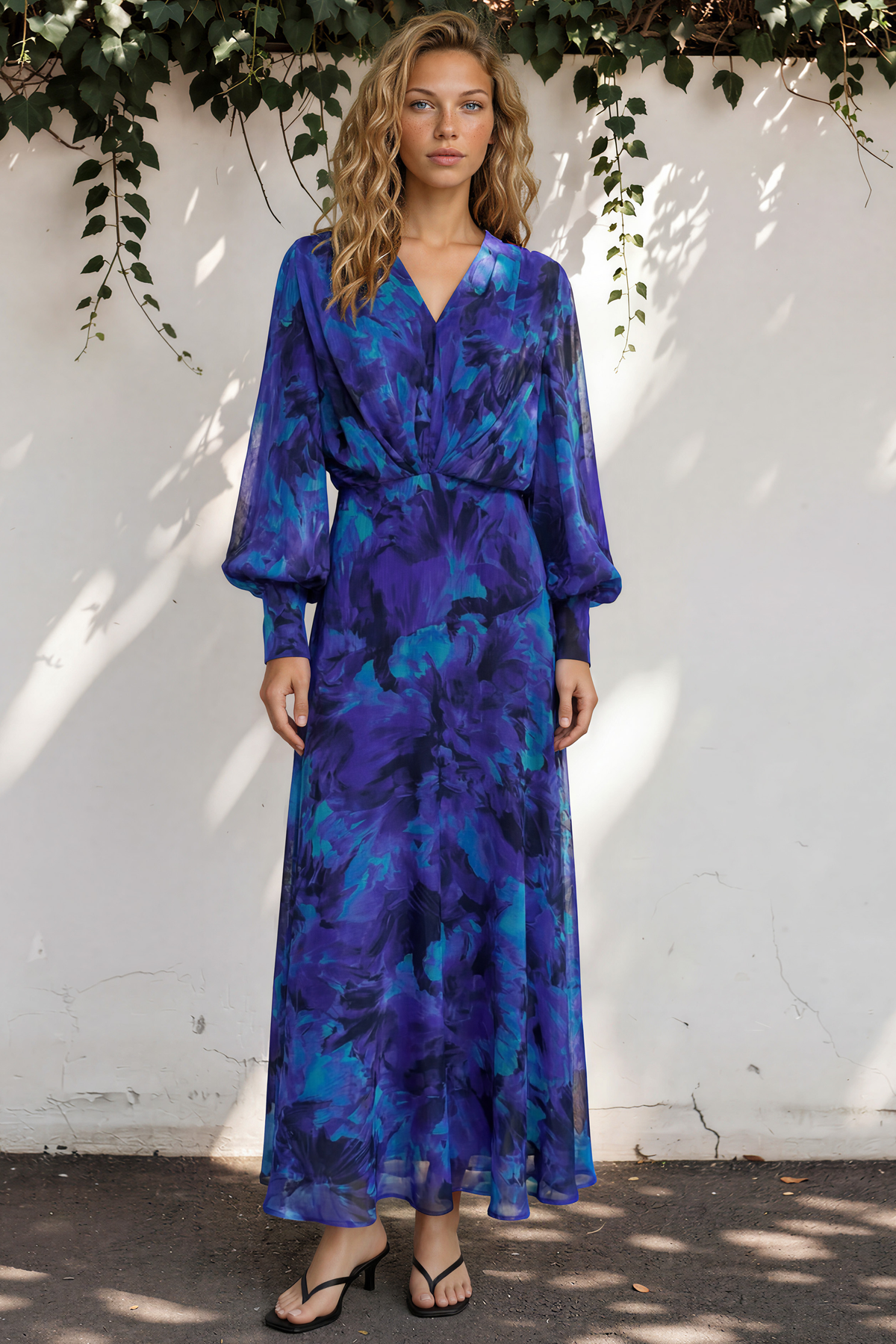 Azura Maxi Dress - V-Neckline Dress with Long Shirred Sleeves in Bluebell Print