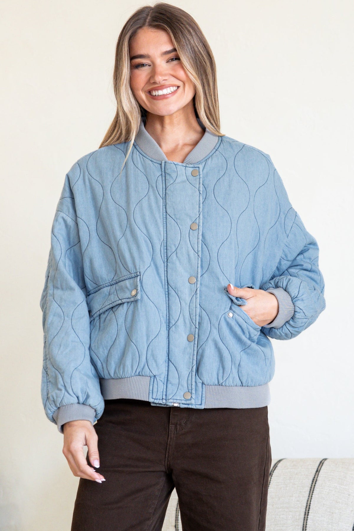 Brixton Jacket -  Round Neck Quilted Bomber Jacket with Zipper & Snap Button Closure in Light Denim