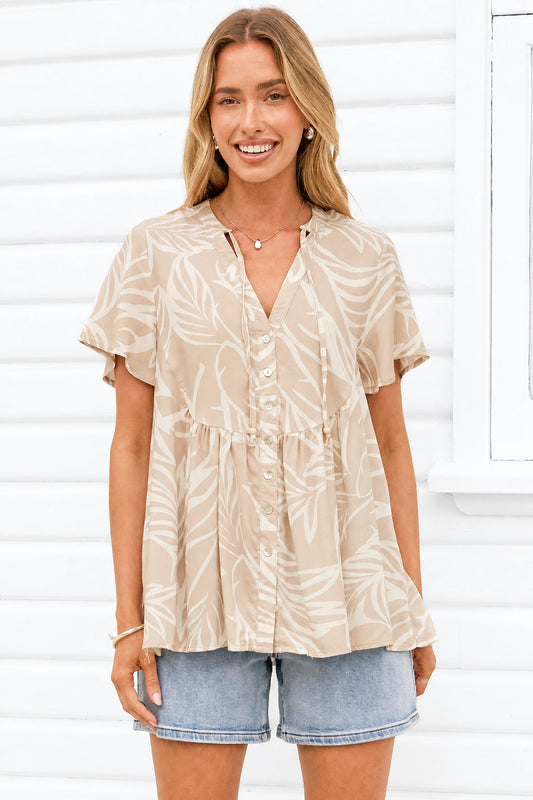Bryonie Top - Tie V Neckline Button Down Top with Flutter Sleeves in Jeani Print Beige