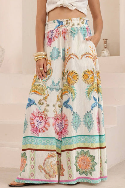 Charli Pants - Paper Bag High Waisted Wide Leg Pants in Bassena Print