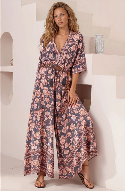 Charli Pants - Paper Bag High Waisted Wide Leg Pants in Leandra Print