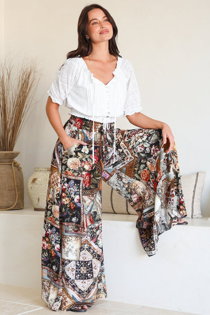 Charli Pants -  Paper Bag High Waisted Wide Leg Pants in Elaine Print