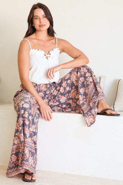 Charli Pants - Paper Bag High Waisted Wide Leg Pants in Leandra Print