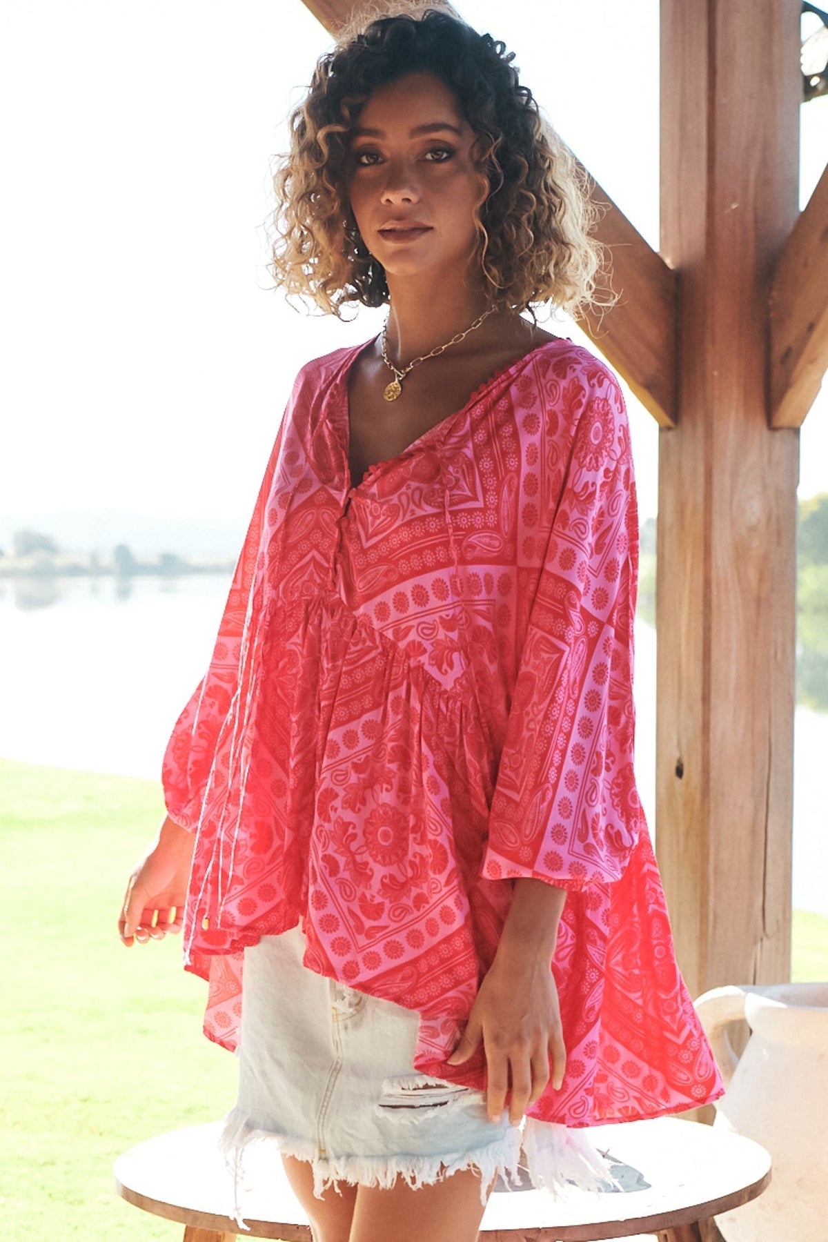 JAASE - Chloe Top: Very Oversized Crochet Trim Neckline Smock Top in Amore Print