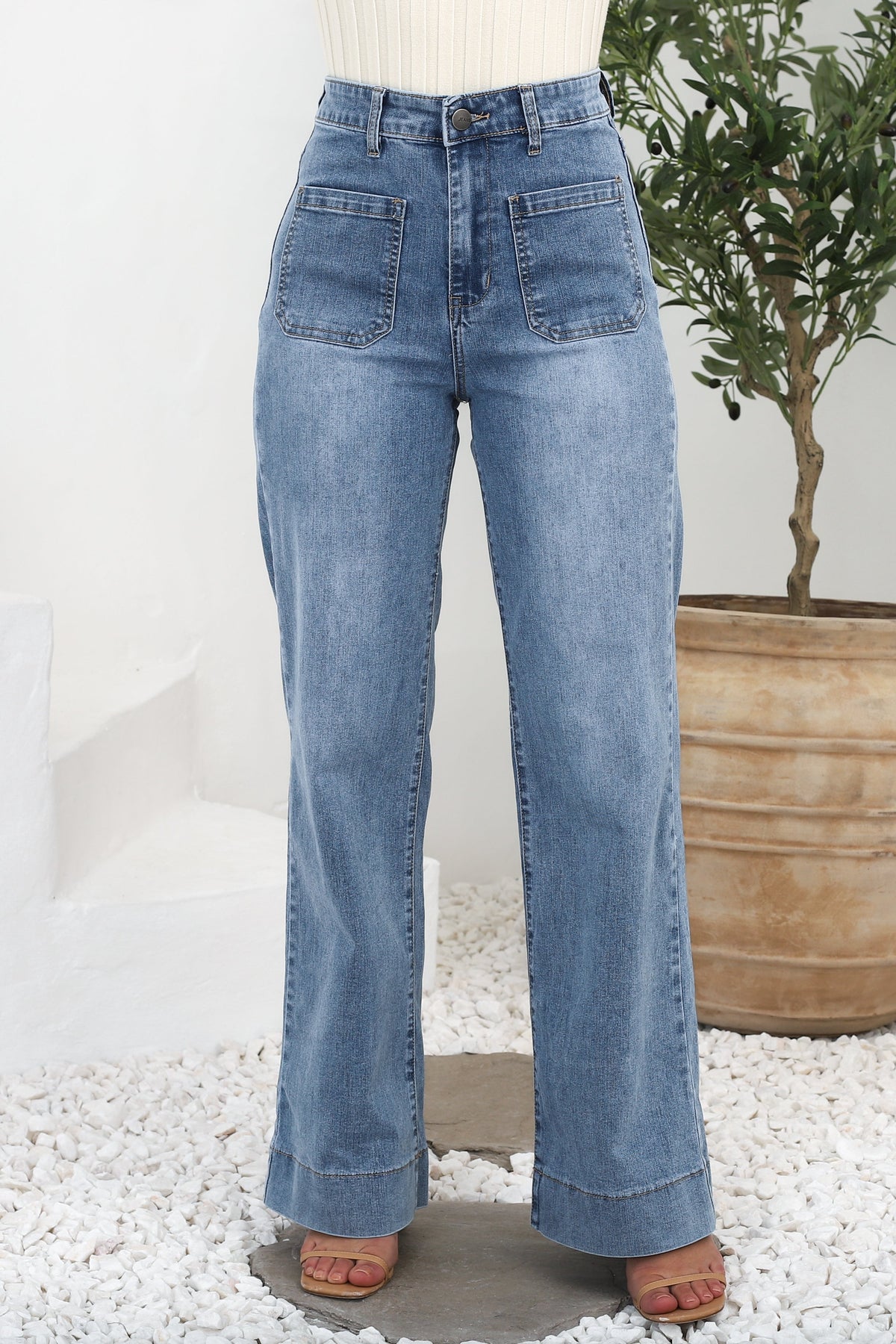 Cindy Wide Leg Jeans in Stone Wash Denim