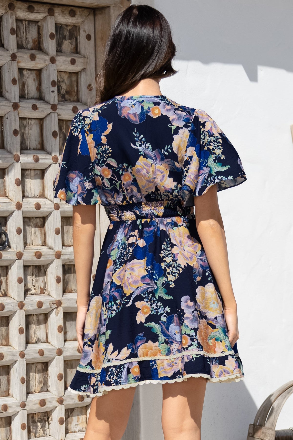 Corina Mini Dress - Lace Trim Button Down Dress with Flutter Sleeves in Ana Print Navy