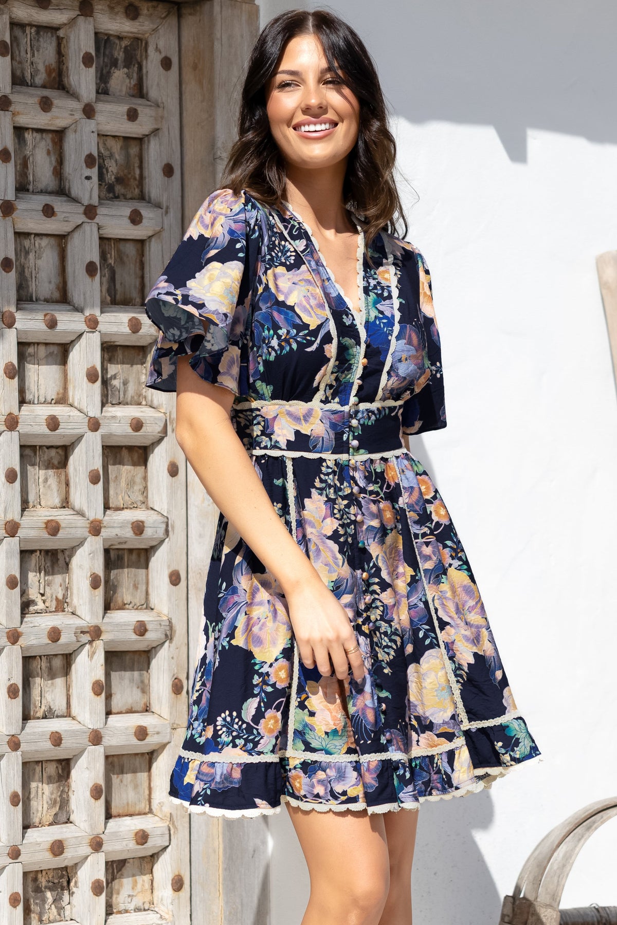 Corina Mini Dress - Lace Trim Button Down Dress with Flutter Sleeves in Ana Print Navy