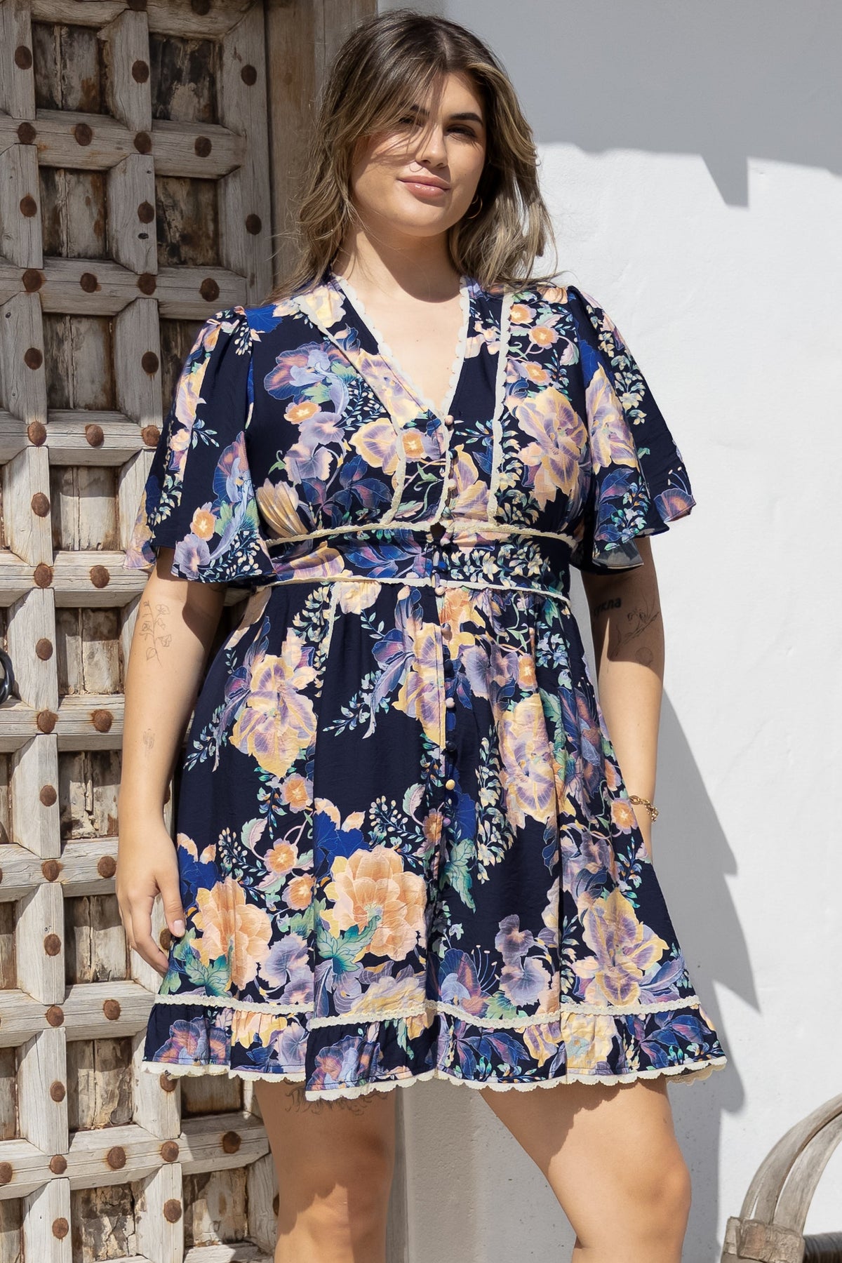 Corina Mini Dress - Lace Trim Button Down Dress with Flutter Sleeves in Ana Print Navy
