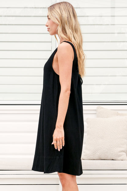 Corvina Mini Dress - Round Neck Swing Dress with Low Back Tie Detail in Black