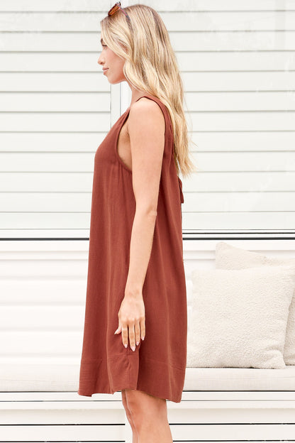 Corvina Mini Dress - Round Neck Swing Dress with Low Back Tie Detail in Terracotta