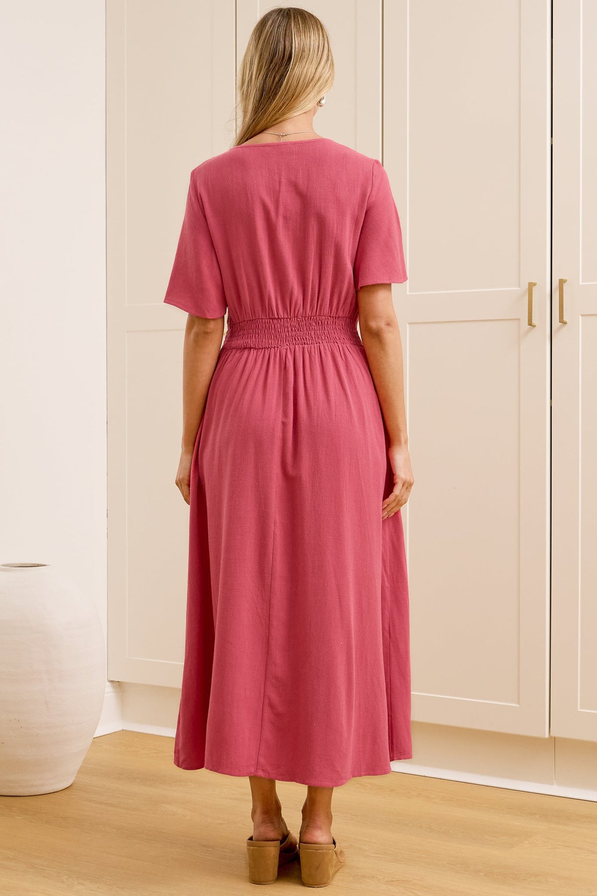 Cyan Midi Dress  - V Neckline Dress in Wine