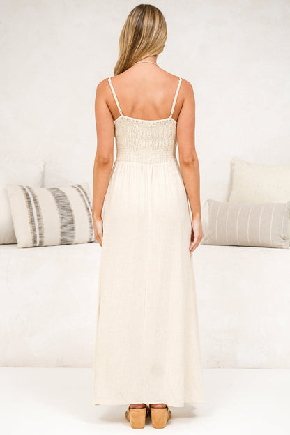 Danila Midi Dress - Front Tie Bodice Cut Out Detail Midi with Adjustable Straps in Beige