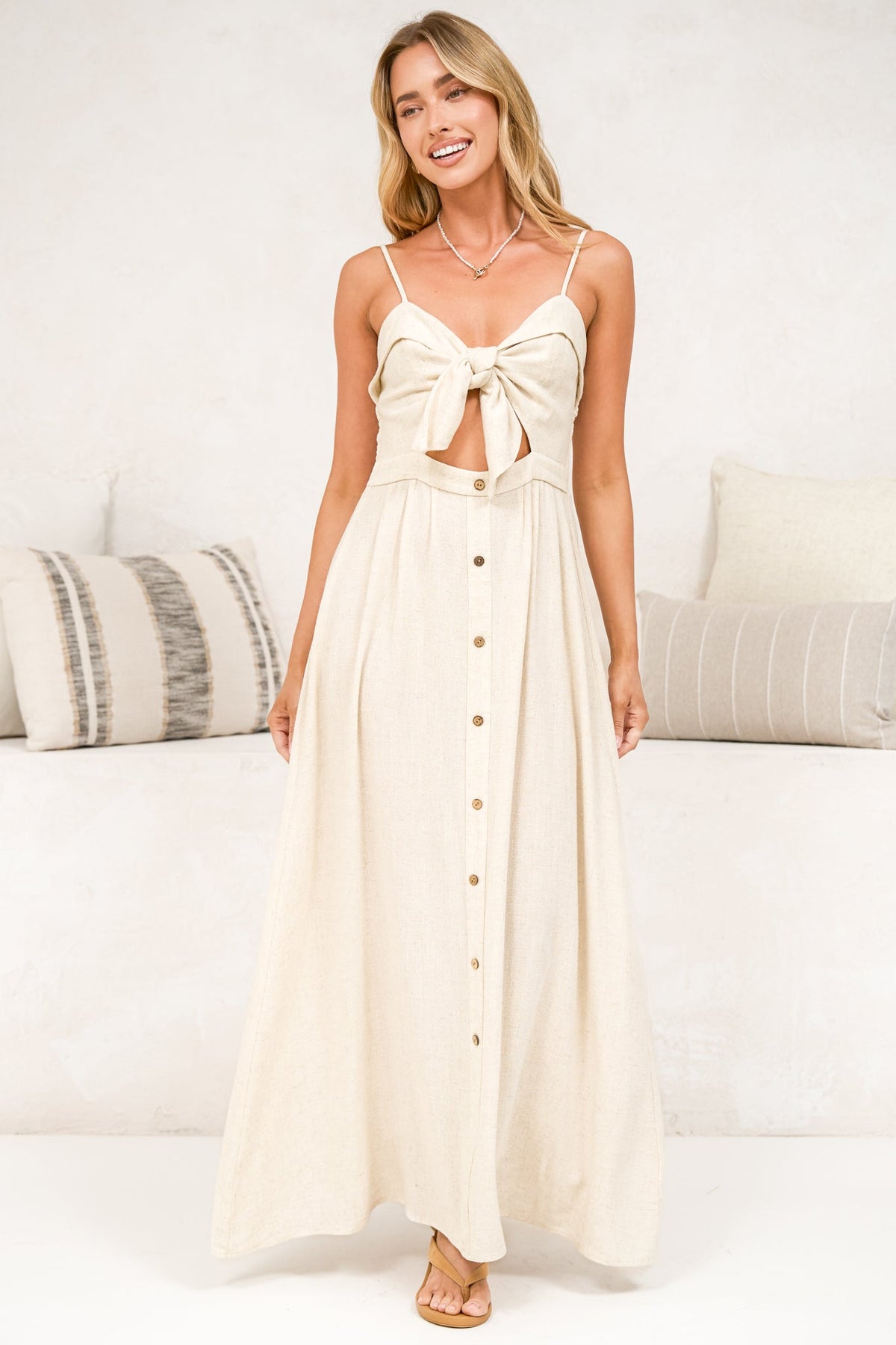 Danila Midi Dress - Front Tie Bodice Cut Out Detail Midi with Adjustable Straps in Beige