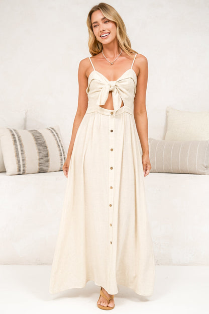 Danila Midi Dress - Front Tie Bodice Cut Out Detail Midi with Adjustable Straps in Beige