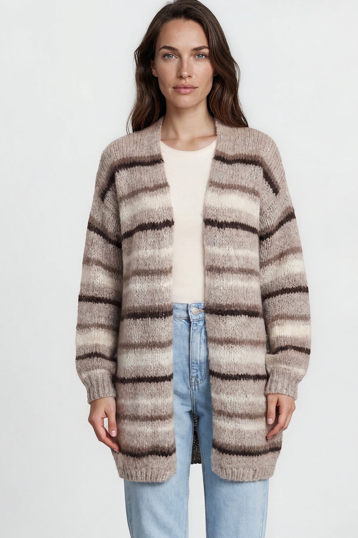 Delaney Cardigan - Open Front Stripe Knit with Pockets in Brown