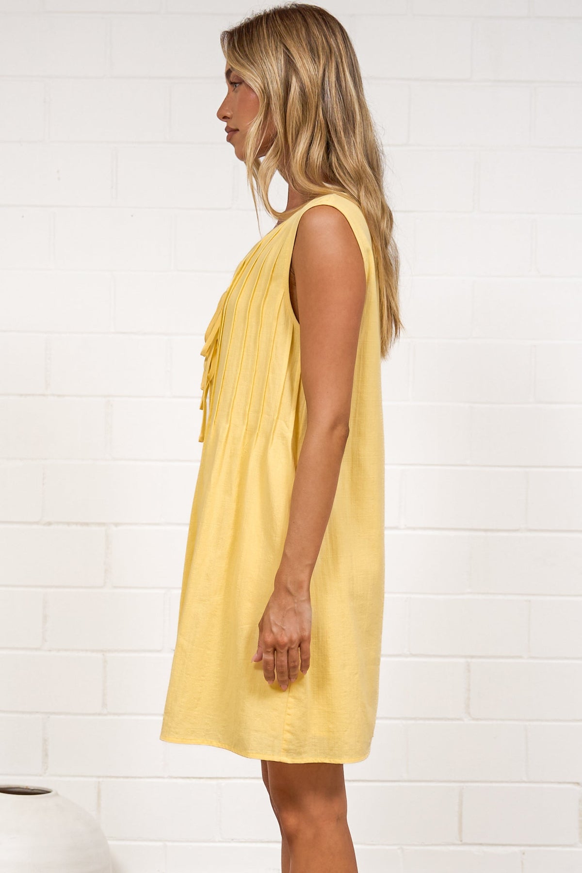 Della Mini Dress - Round Neck Tie Up Bodice Sleeveless Dress in Yellow