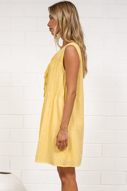 Della Mini Dress - Round Neck Tie Up Bodice Sleeveless Dress in Yellow