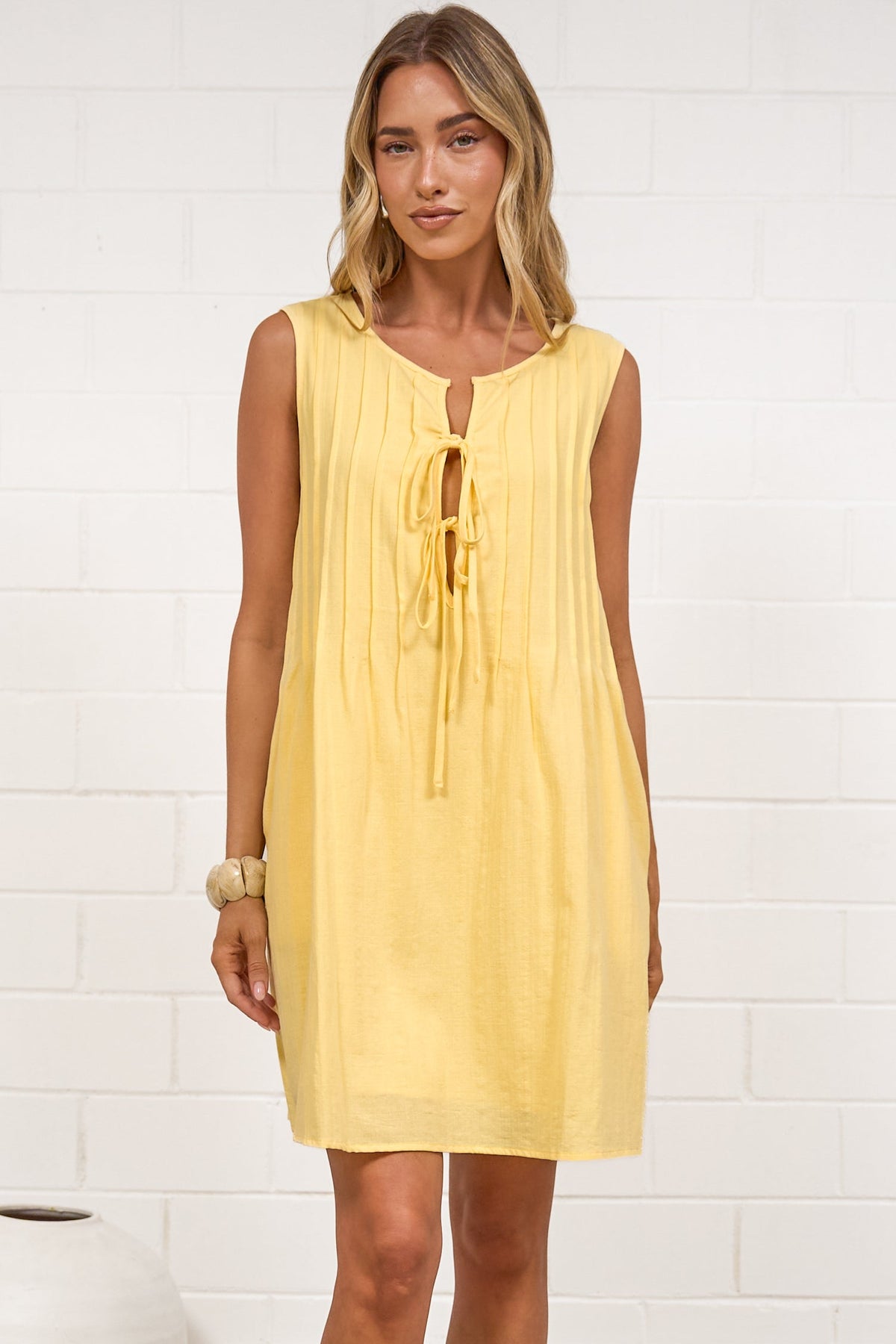 Della Mini Dress - Round Neck Tie Up Bodice Sleeveless Dress in Yellow