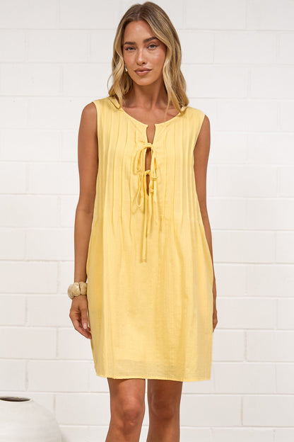 Della Mini Dress - Round Neck Tie Up Bodice Sleeveless Dress in Yellow