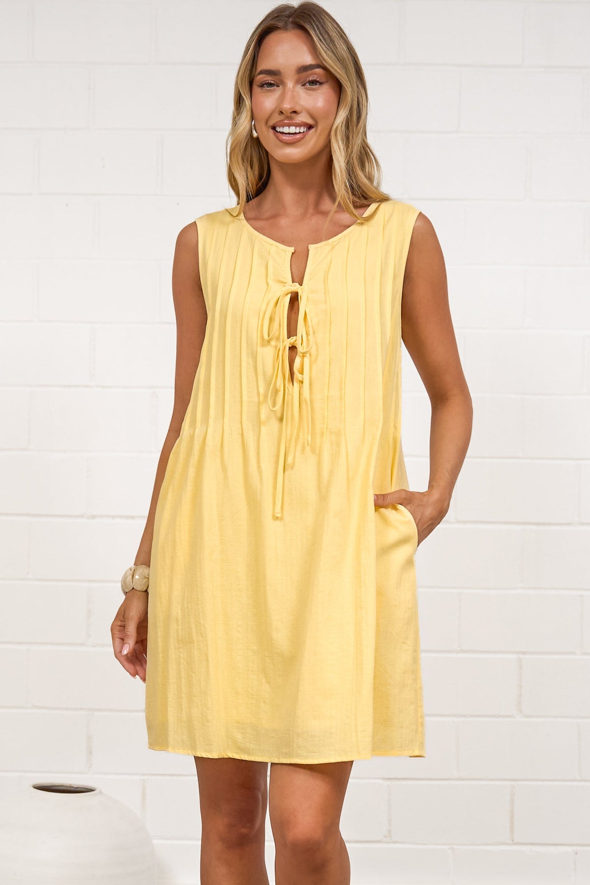Della Mini Dress - Round Neck Tie Up Bodice Sleeveless Dress in Yellow