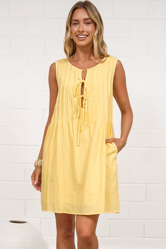 Della Mini Dress - Round Neck Tie Up Bodice Sleeveless Dress in Yellow