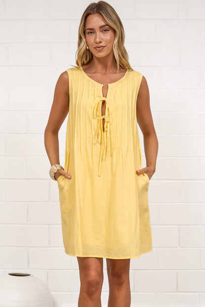 Della Mini Dress - Round Neck Tie Up Bodice Sleeveless Dress in Yellow