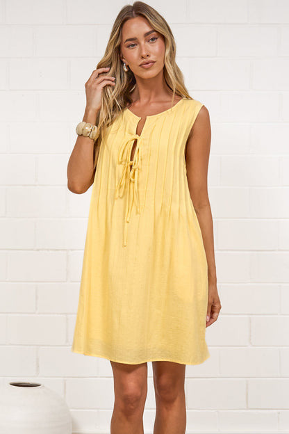 Della Mini Dress - Round Neck Tie Up Bodice Sleeveless Dress in Yellow