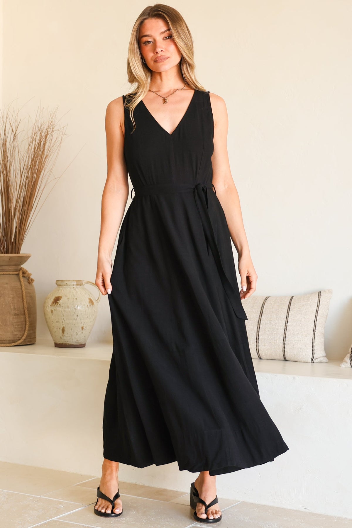 Delphy Midi Dress - Linen V Neck Sleeveless A-Line Dress with Waist Tie in Black