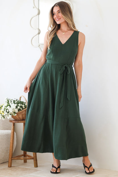 Delphy Midi Dress - Linen V Neck Sleeveless A-Line Dress with Waist Tie in Emerald