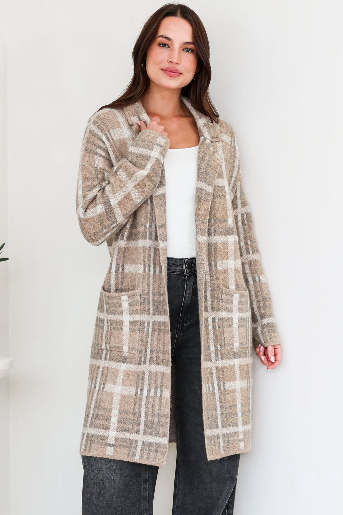 Ellington Cardigan - Lapel Collar Checkered Knit with Pockets in Taupe