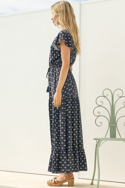 Ellise Maxi Dress - Crochet Trim V Neck Dress with Flutter Sleeves in Kendy Print Navy