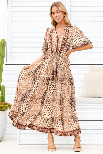 Ellise Maxi Dress - Crochet Trim V Neck Dress with Cap Sleeves in Boba Print