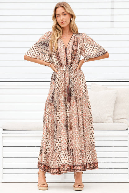 Ellise Maxi Dress - Crochet Trim V Neck Dress with Cap Sleeves in Boba Print