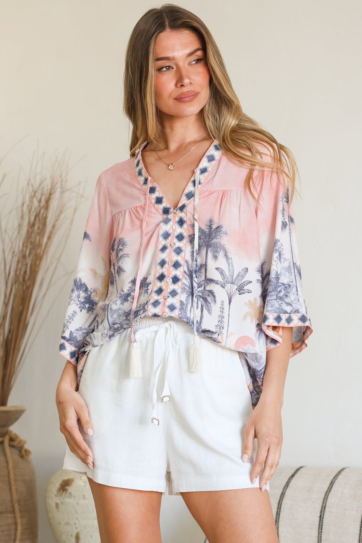 Elysia Blouse - Deep V Neck Button Down 3/4 Sleeve Top in Armena Print
