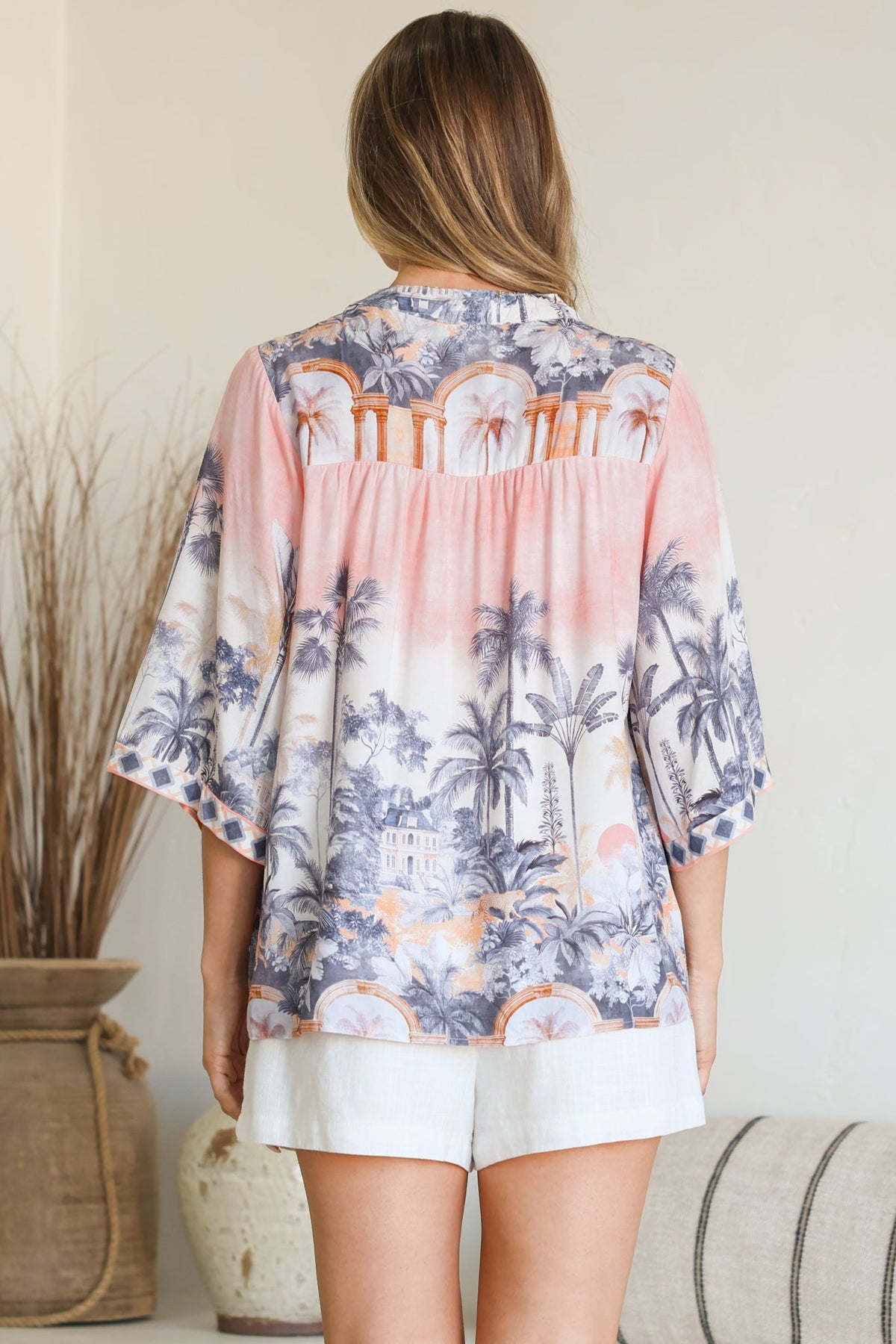 Elysia Blouse - Deep V Neck Button Down 3/4 Sleeve Top in Armena Print