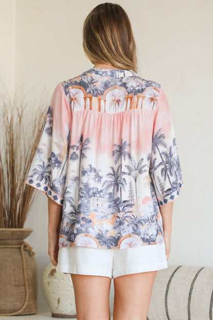 Elysia Blouse - Deep V Neck Button Down 3/4 Sleeve Top in Armena Print