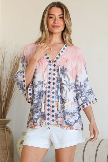Elysia Blouse - Deep V Neck Button Down 3/4 Sleeve Top in Armena Print