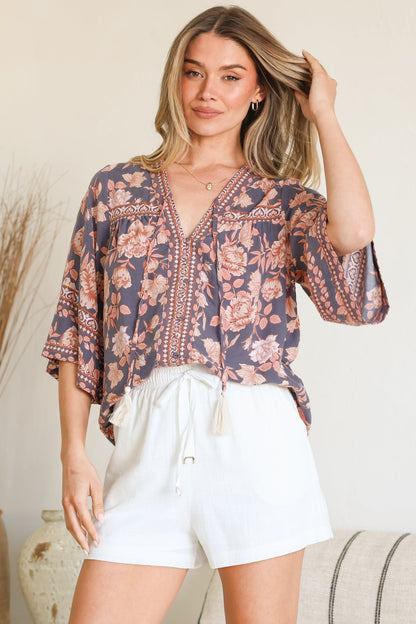 Elysia Blouse - Deep V Neck Button Down 3/4 Sleeve Top in Leandra Print