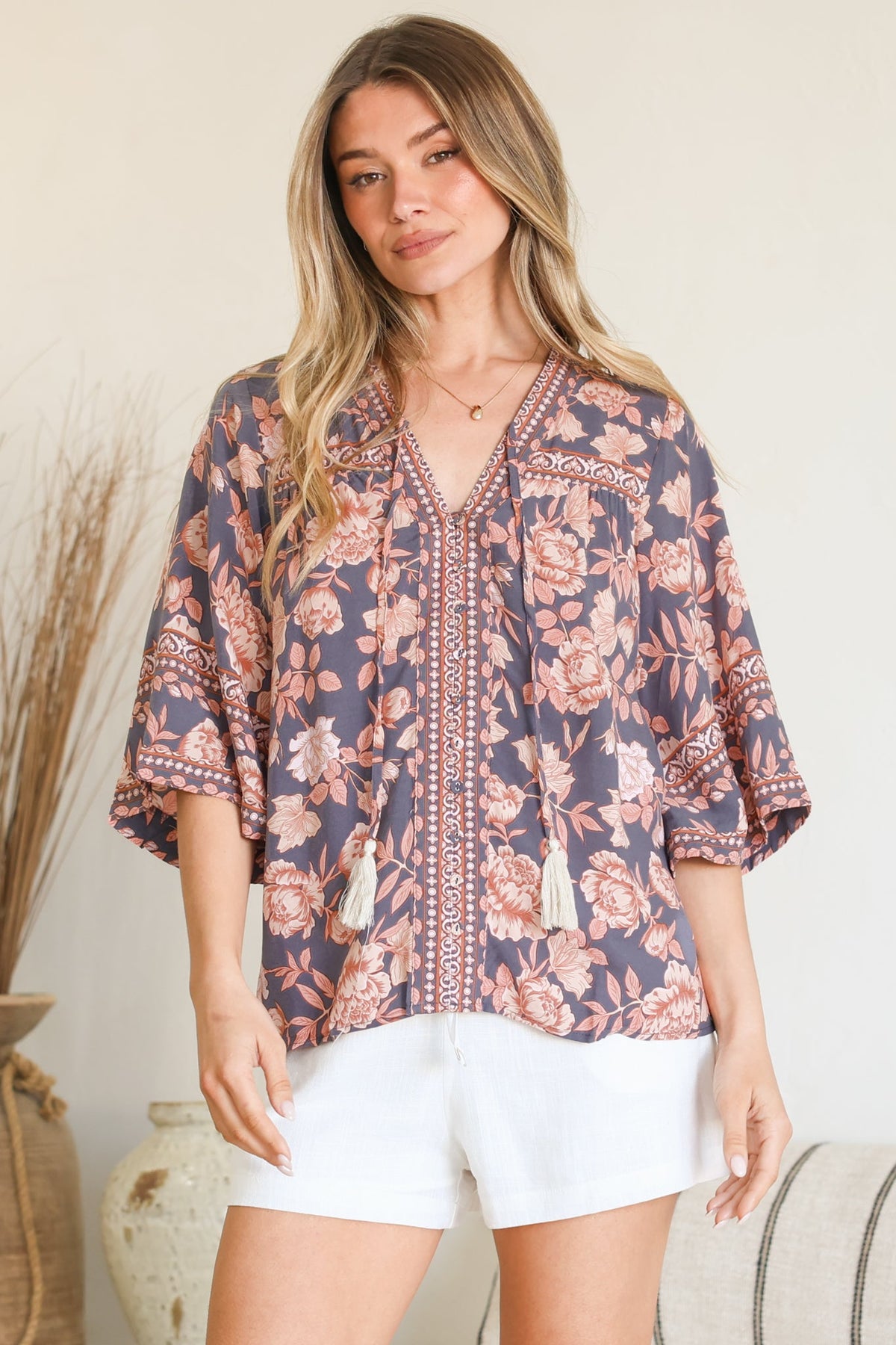 Elysia Blouse - Deep V Neck Button Down 3/4 Sleeve Top in Leandra Print