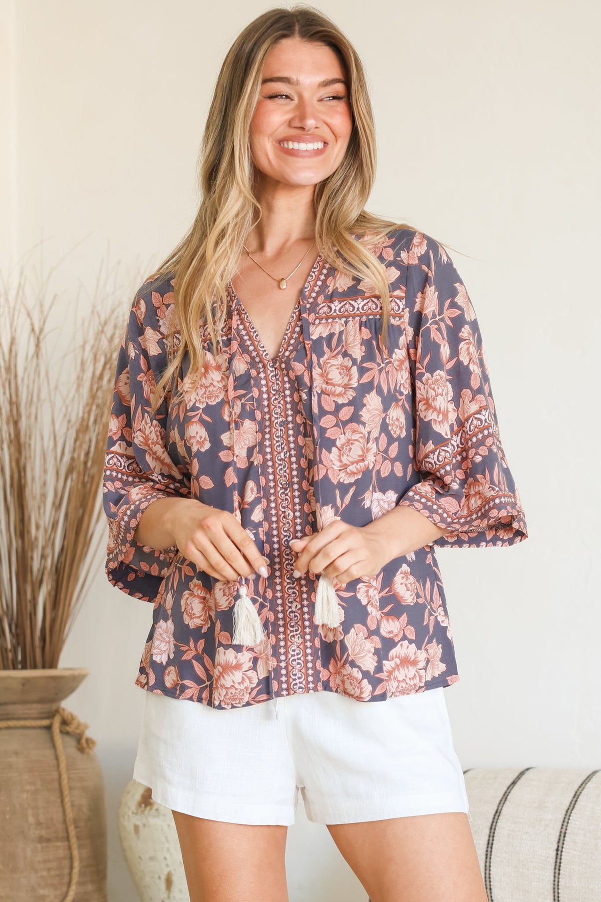 Elysia Blouse - Deep V Neck Button Down 3/4 Sleeve Top in Leandra Print