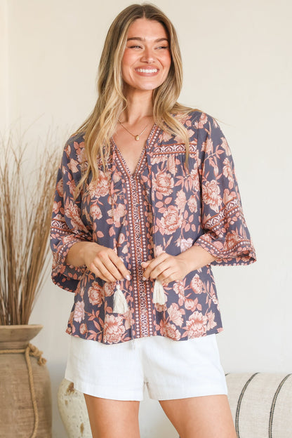 Elysia Blouse - Deep V Neck Button Down 3/4 Sleeve Top in Leandra Print