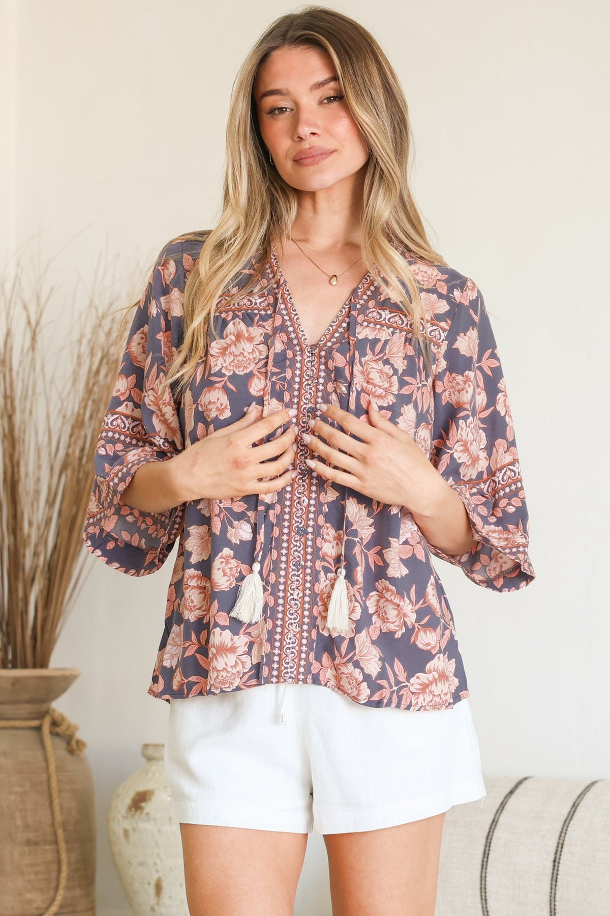 Elysia Blouse - Deep V Neck Button Down 3/4 Sleeve Top in Leandra Print