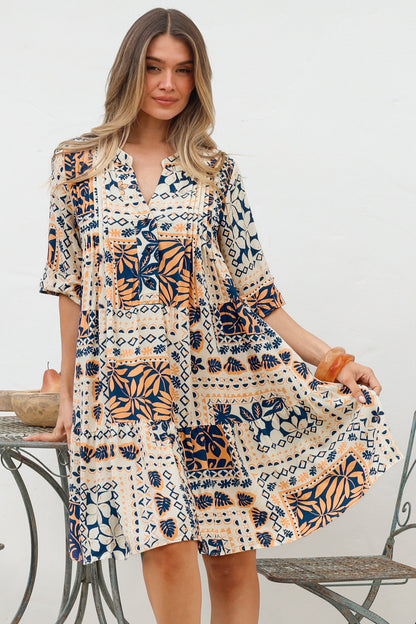 Evie Mini Dress - 3/4 Sleeve Tiered Smock Dress in Alphy Print