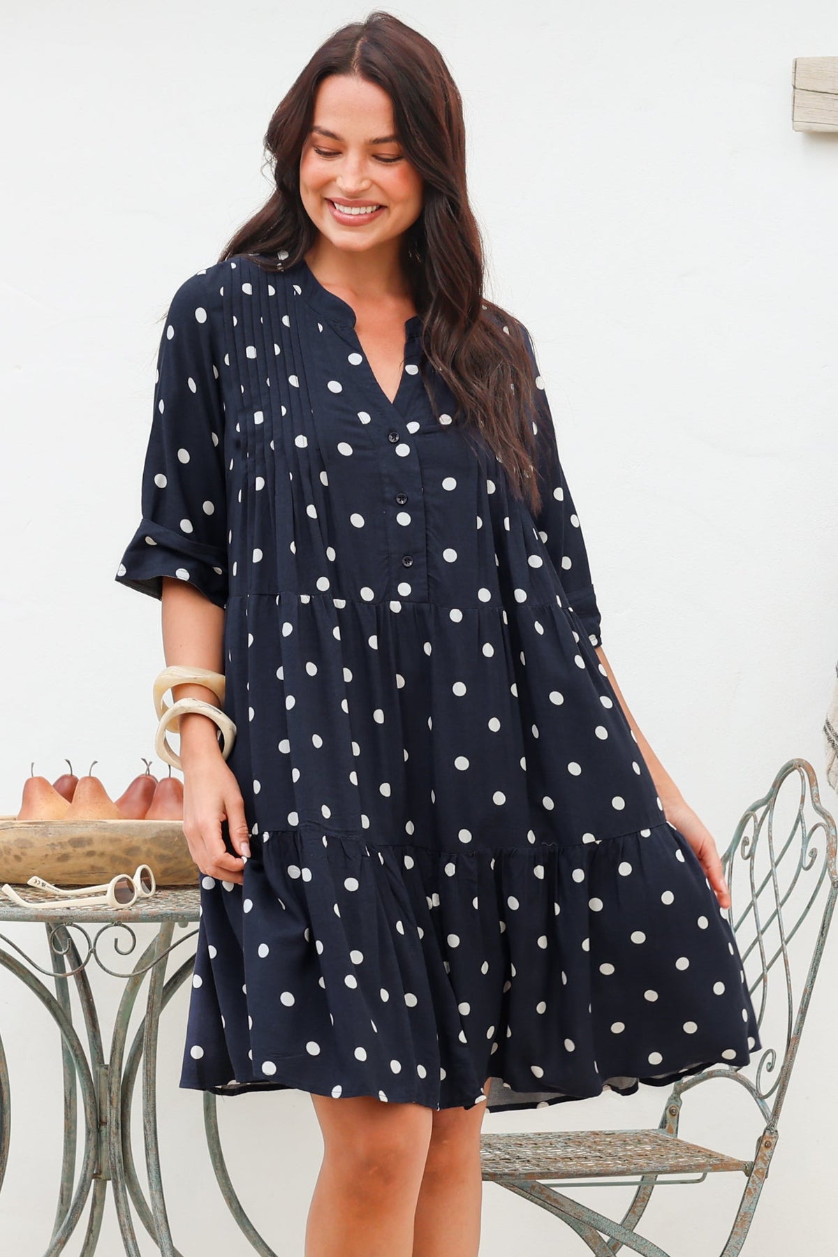 Evie Mini Dress - 3/4 Sleeve Tiered Smock Dress in Parisian Polka Navy