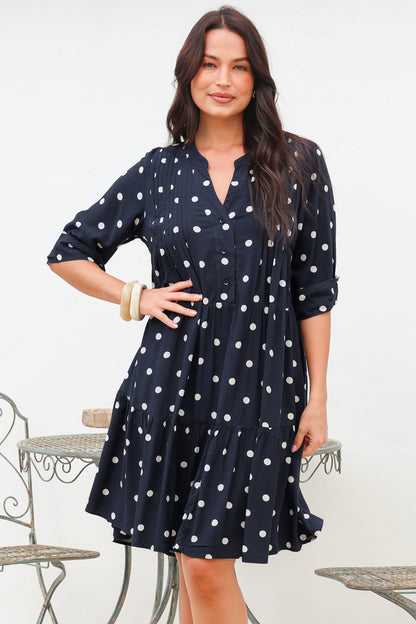 Evie Mini Dress - 3/4 Sleeve Tiered Smock Dress in Parisian Polka Navy