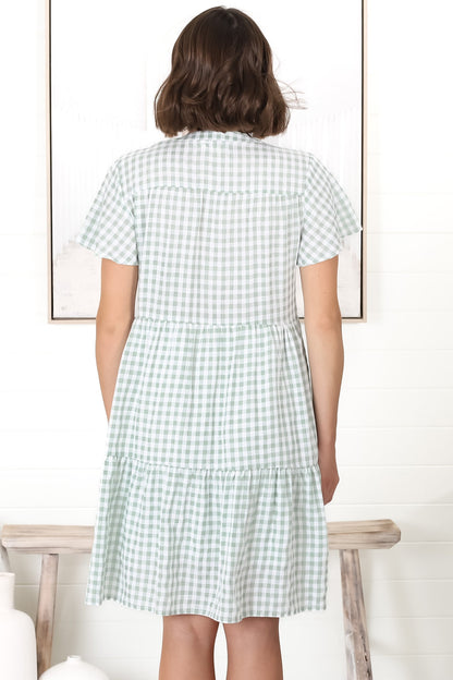 Greta Mini Dress - Manadrin Collar Button Down Dress in Gingham Print Green