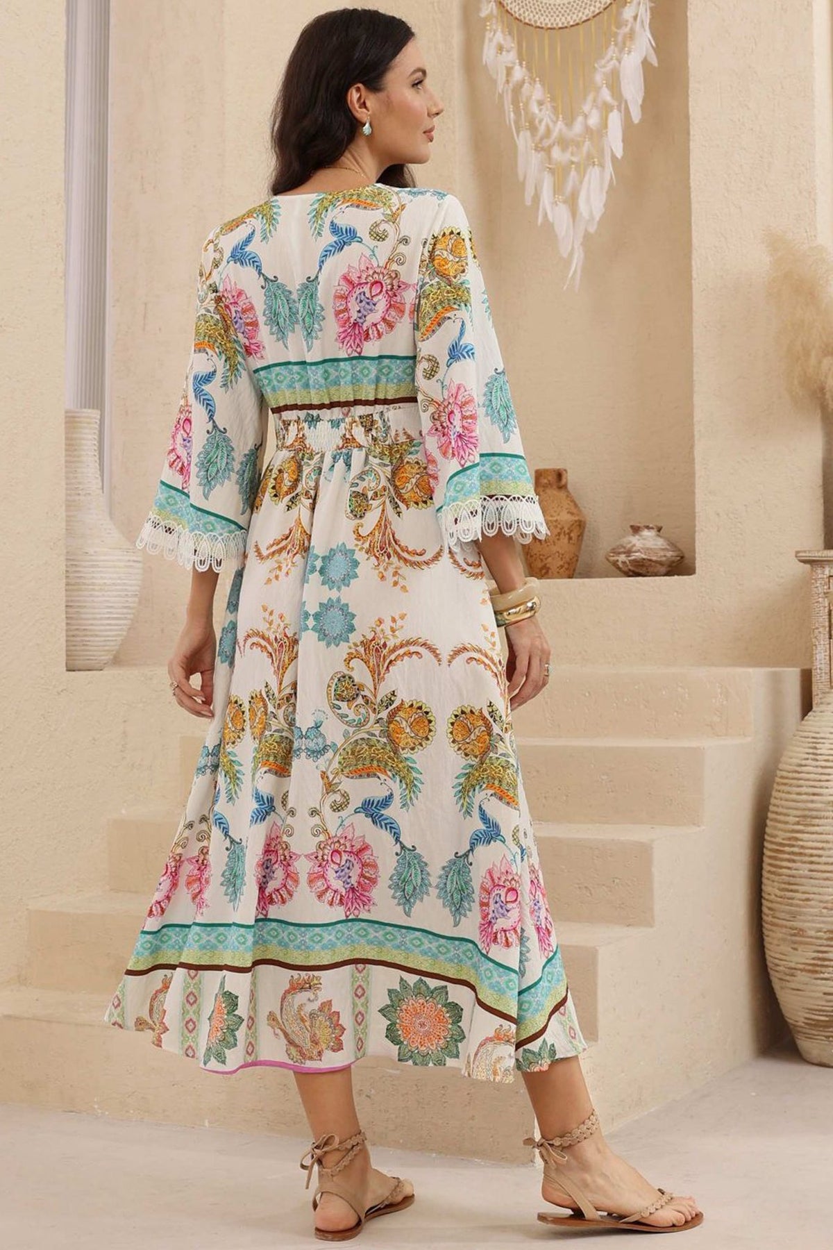 Gules Midi Dress - A Line Buttoned Down Dress with Lace Trim Sleeves in Bassena Print