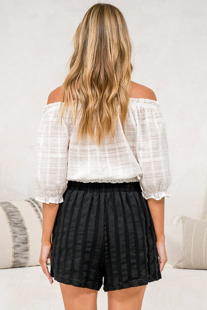 Hester Shorts - Relaxed Elasticated Waist Textured Short with Pockets in Black